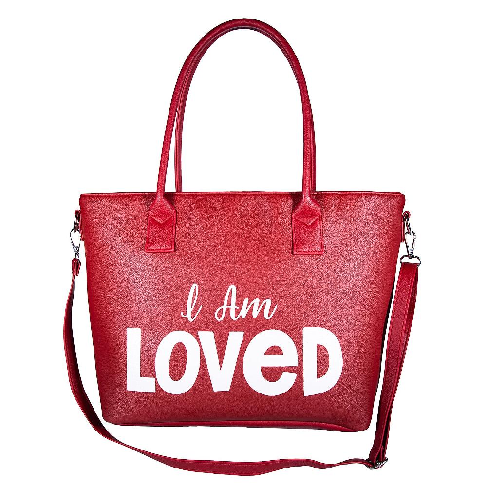Passage Red I Am Loved Print Faux Leather Tote Bag with Shoulder Strap