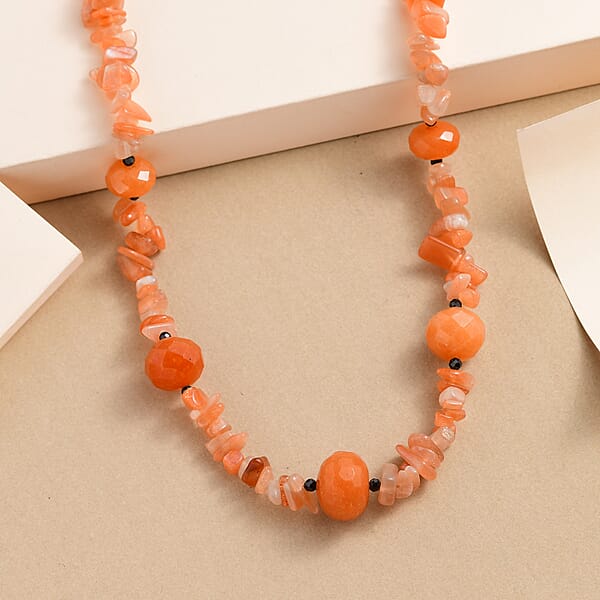 Peach Agate And Thai Black Spinel 245.00 Ctw Station Necklace In Sterling Silver 20 Inches
