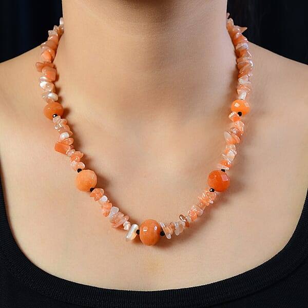 Peach Agate And Thai Black Spinel 245.00 Ctw Station Necklace In Sterling Silver 20 Inches