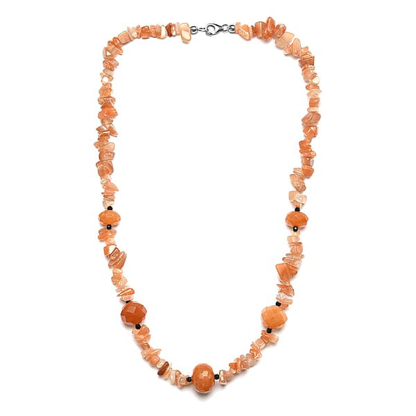 Peach Agate And Thai Black Spinel 245.00 Ctw Station Necklace In Sterling Silver 20 Inches