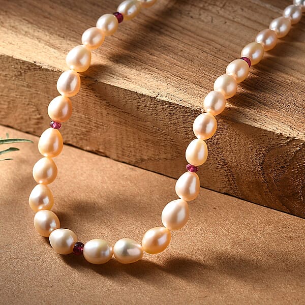 Peach Freshwater Pearl And Ouro Fino Rubellite 2.70 Ctw Necklace In 18K Vermeil Yellow Gold Over Sterling Silver 18 Inches