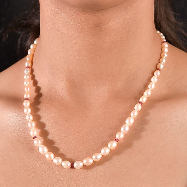 Peach Freshwater Pearl And Ouro Fino Rubellite 2.70 Ctw Necklace In 18K Vermeil Yellow Gold Over Sterling Silver 18 Inches