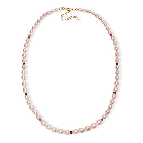 Peach Freshwater Pearl And Ouro Fino Rubellite 2.70 Ctw Necklace In 18K Vermeil Yellow Gold Over Sterling Silver 18 Inches