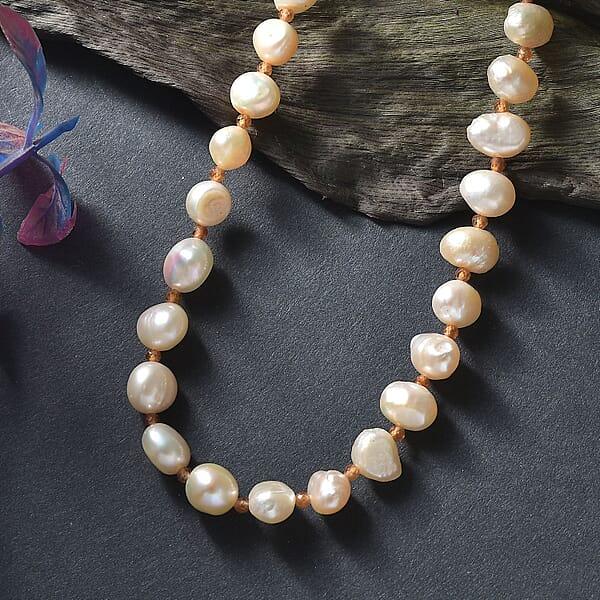 Peach Freshwater Pearl And Ratnapura Hessonite Garnet 20.00 Ctw Necklace In 18K Vermeil Yellow Gold Over Sterling Silver