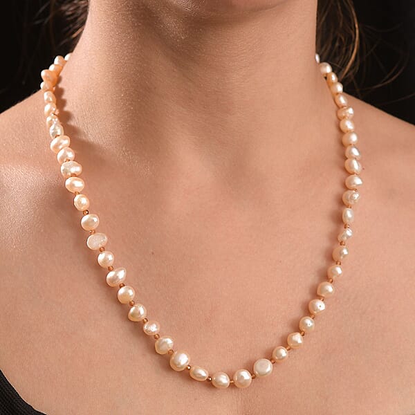 Peach Freshwater Pearl And Ratnapura Hessonite Garnet 20.00 Ctw Necklace In 18K Vermeil Yellow Gold Over Sterling Silver