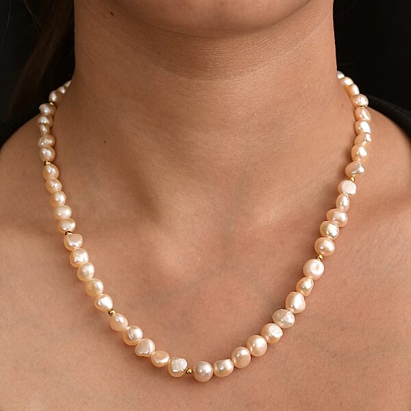Peach Freshwater Pearl Fancy Necklace In 18K Vermeil Yellow Gold Over Sterling Silver 18 Inches