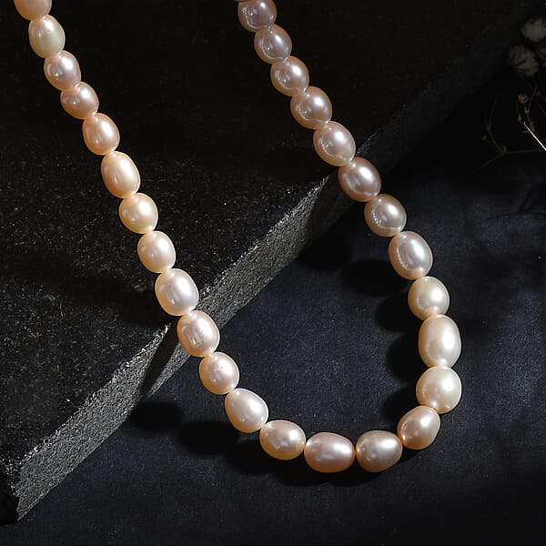 Peach Freshwater Pearl Necklace In 18K Vermeil Yellow Gold Sterling Silver 18 Inches