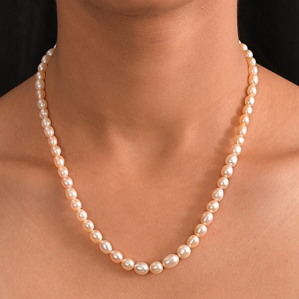 Peach Freshwater Pearl Necklace In 18K Vermeil Yellow Gold Sterling Silver 18 Inches