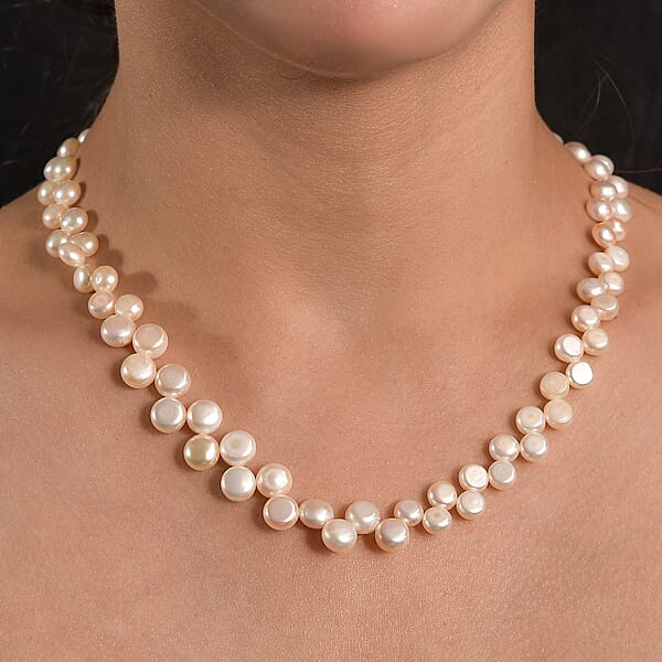 Peach Freshwater Pearl Necklace In 18K Vermeil Yellow Gold Over Sterling Silver 18 Inches