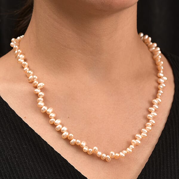 Peach Freshwater Pearl Necklace In 18K Vermeil Yellow Gold Over Sterling Silver 18 Inches