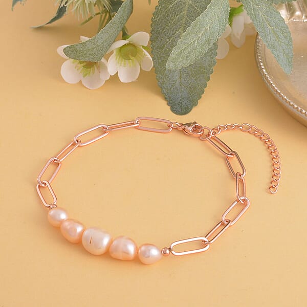 Peach Freshwater Pearl Paper Clip Chain Bracelet In Rosetone (8-10In)