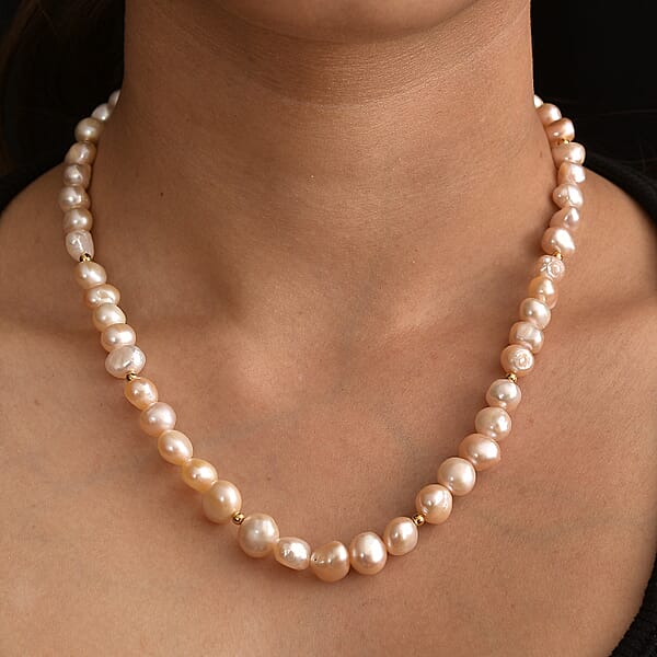 Peach Freshwater Pearl Potato Shape Necklace In 18K Vermeil Yellow Gold Over Sterling Silver 18 Inches