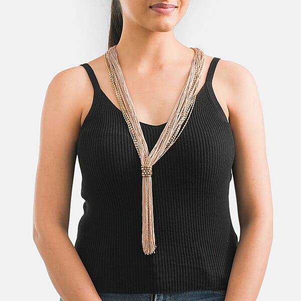 Peach Tasseled Collar Glass Seed Beaded Necklace In Goldtone 32 Inches