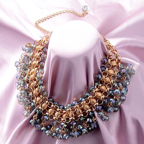 Peacock Color Bib Necklace In Goldtone Bead Necklace Waterfall Necklace (13-19 In)