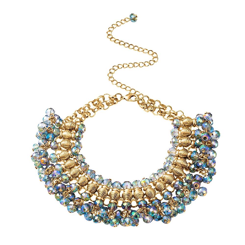 Peacock Color Bib Necklace in Goldtone Bead Necklace Waterfall Necklace (13-19 in)