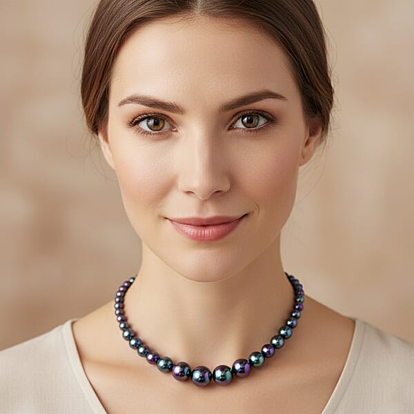 Peacock Color Shell Pearl Necklace In Silvertone 20-22 Inches