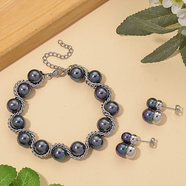 Peacock Color Shell Pearl Twilight Waves Bracelet (7.75-9.75In) And Stud Earrings In Stainless Steel