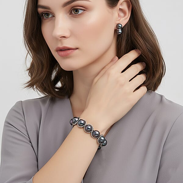 Peacock Color Shell Pearl Twilight Waves Bracelet (7.75-9.75In) And Stud Earrings In Stainless Steel