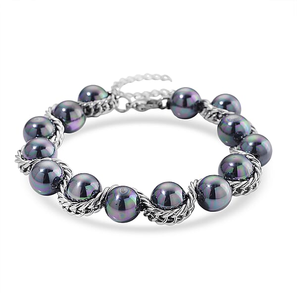 Peacock Color Shell Pearl Twilight Waves Bracelet (7.75-9.75In) And Stud Earrings In Stainless Steel