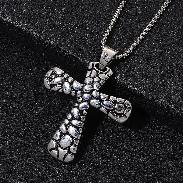 Pebble Surface Cross Pendant Necklace In Stainless Steel 23.5 Inches