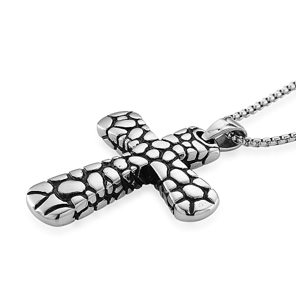 Pebble Surface Cross Pendant Necklace In Stainless Steel 23.5 Inches