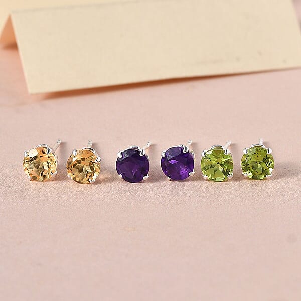 Peridot Brazilian Citrine And Amethyst 2.75 Ctw Set Of 3 Solitaire Stud Earrings In Sterling Silver