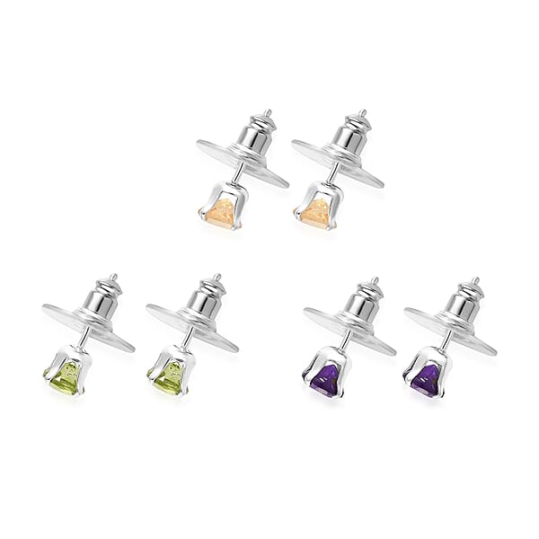 Peridot Brazilian Citrine And Amethyst 2.75 Ctw Set Of 3 Solitaire Stud Earrings In Sterling Silver