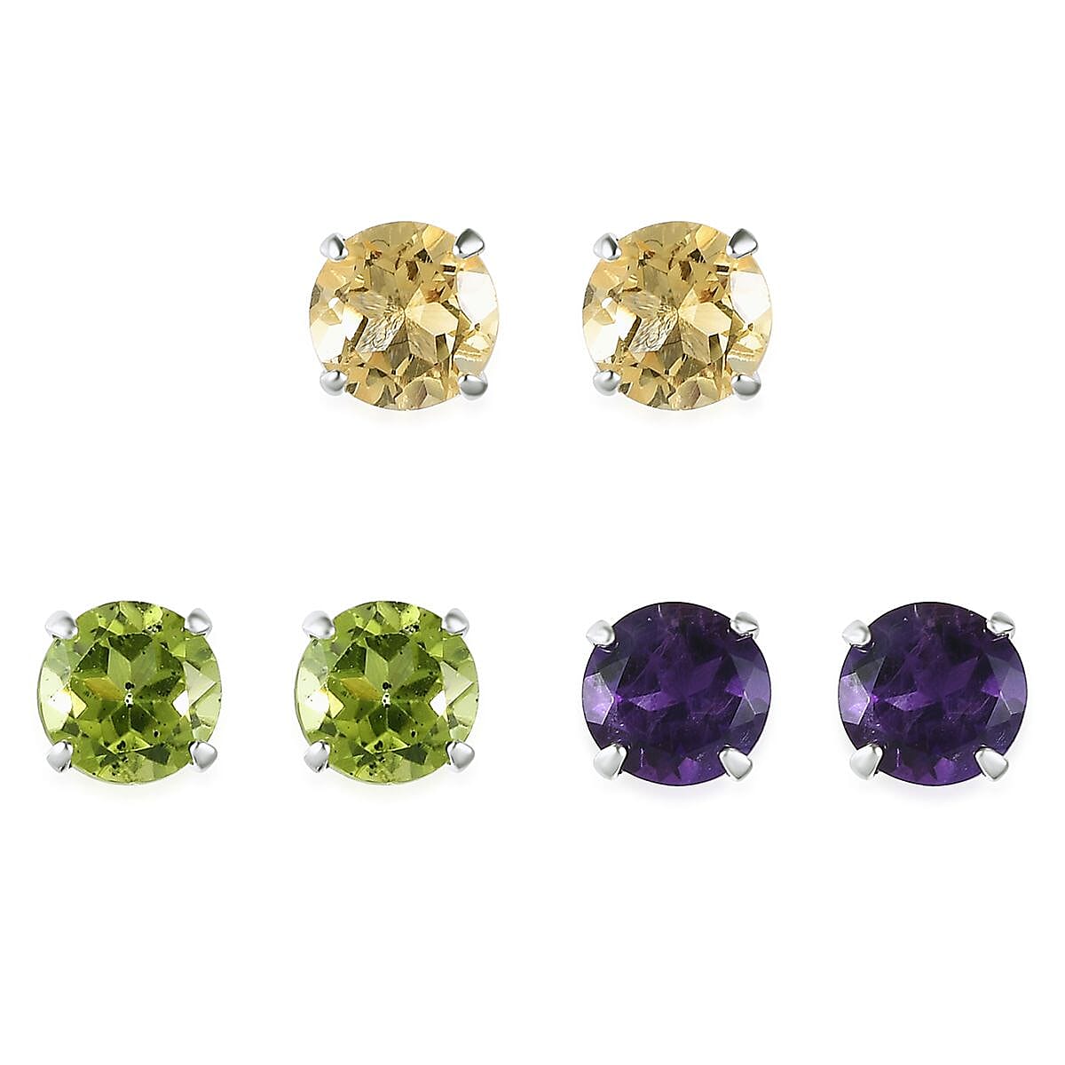 Peridot Brazilian Citrine and Amethyst 2.75 ctw Set of 3 Solitaire Stud Earrings in Sterling Silver