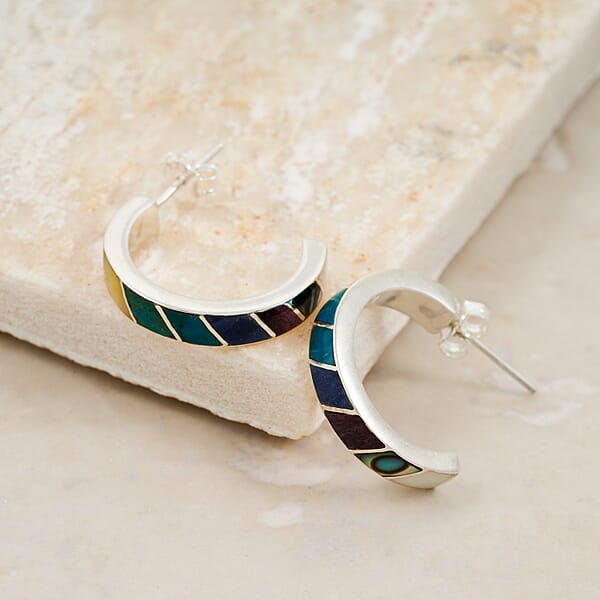 Peruvian Artistry Multi Gemstone 10.80 Ctw Rainbow Carola Half Hoop Earrings In Sterling Silver