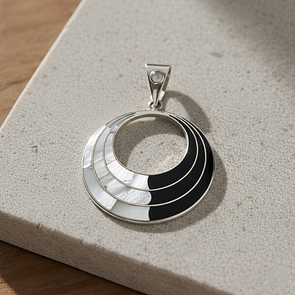 Peruvian Artistry Multi Gemstone 11.00 Ctw Black And White Delia Circle Pendant Without Chain In Sterling Silver