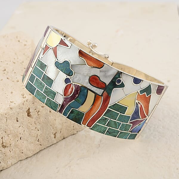 Peruvian Artistry Multi Gemstone 11.85 Ctw Cusco Bangle Bracelet In Sterling Silver (7.00 In)