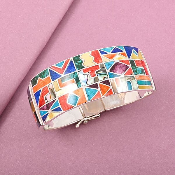 Peruvian Artistry Multi Gemstone 12.65 Ctw Inka Calender Bangle Bracelet In Sterling Silver (7.00 In)