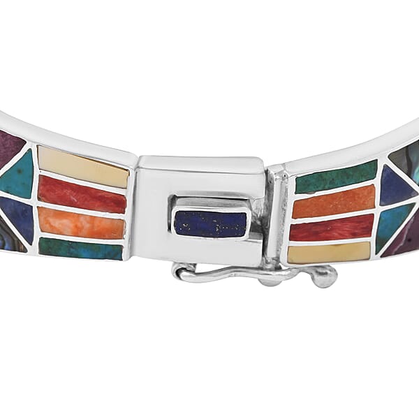 Peruvian Artistry Multi Gemstone 12.65 Ctw Inka Calender Bangle Bracelet In Sterling Silver (7.00 In)