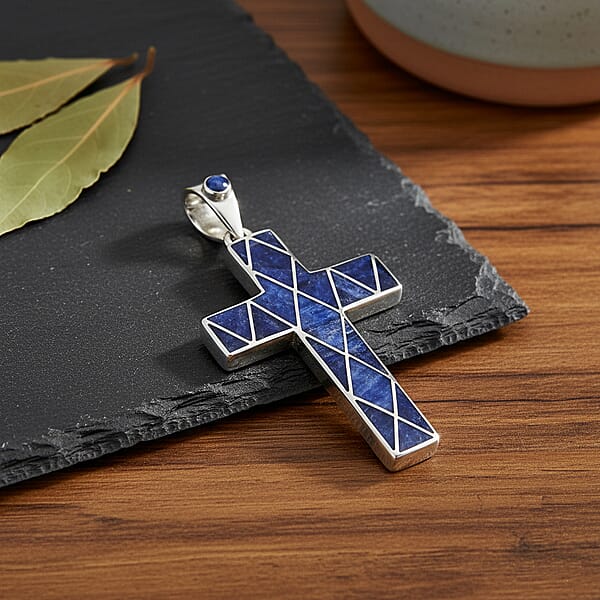 Peruvian Artistry Multi Gemstone 15.20 Ctw Blue Sandoval Big Cross Pendant Without Chain In Sterling Silver