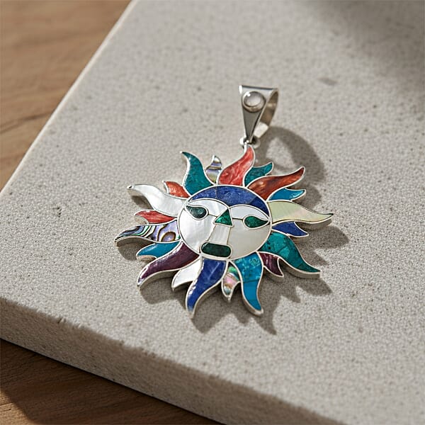 Peruvian Artistry Multi Gemstone 17.00 Ctw Rainbow Inti Pendant In Sterling Silver