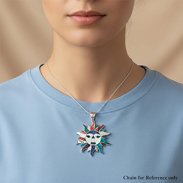 Peruvian Artistry Multi Gemstone 17.00 Ctw Rainbow Inti Pendant In Sterling Silver