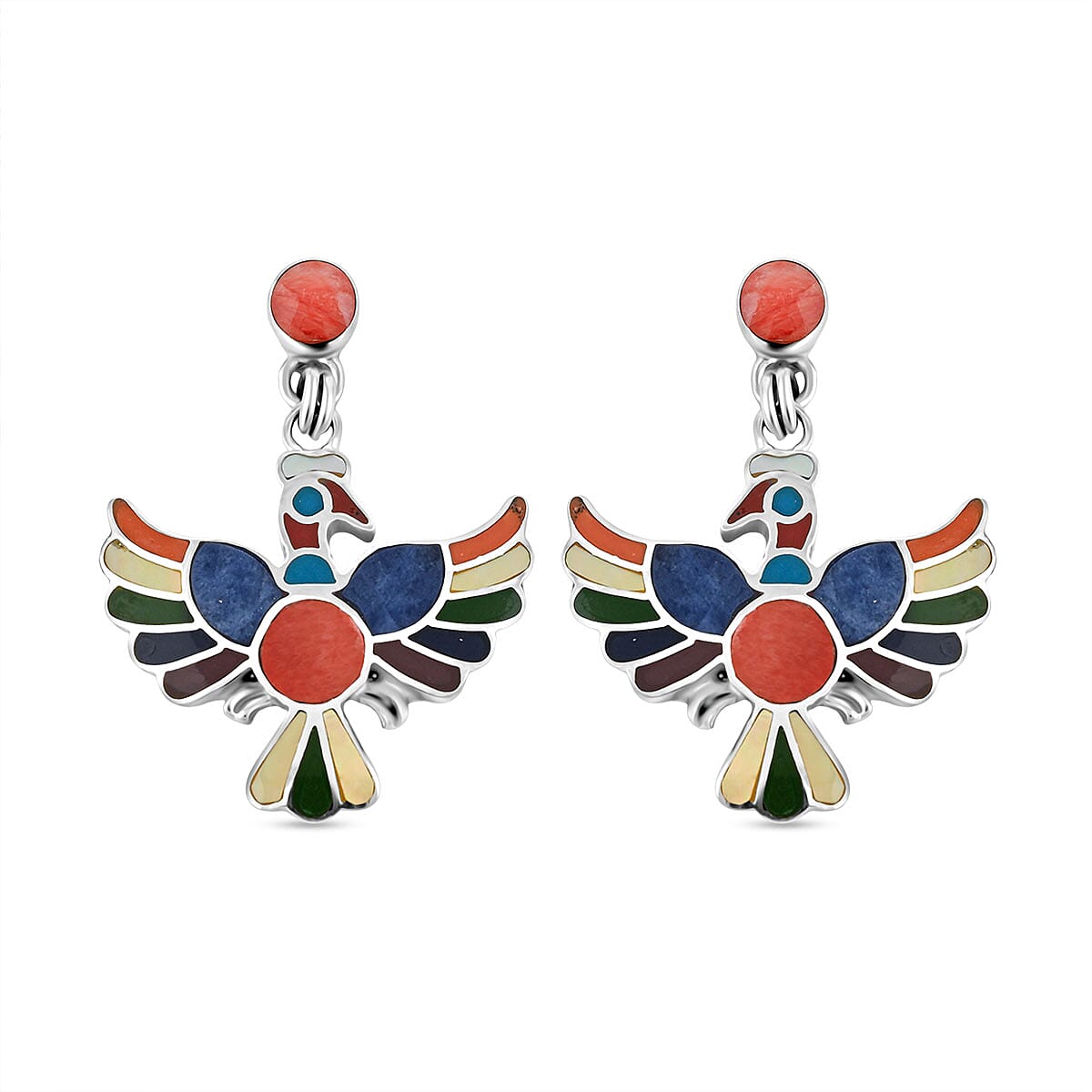 Peruvian Artistry Multi Gemstone 17.60 ctw Rainbow Colca Condor Earrings in Sterling Silver