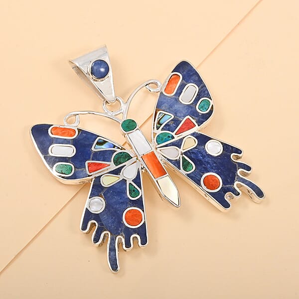 Peruvian Artistry Multi Gemstone 2.90 Ctw Super Butterfly Pendant Without Chain In Sterling Silver