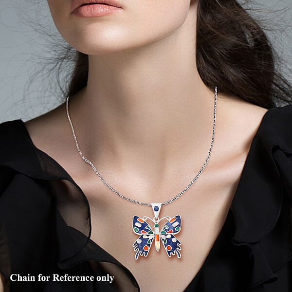 Peruvian Artistry Multi Gemstone 2.90 Ctw Super Butterfly Pendant Without Chain In Sterling Silver