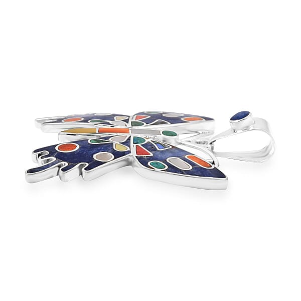 Peruvian Artistry Multi Gemstone 2.90 Ctw Super Butterfly Pendant Without Chain In Sterling Silver