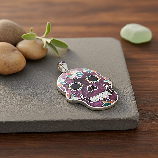 Peruvian Artistry Multi Gemstone 21.00 Ctw Purple Rainbow Day Of Dead Mexican Skull Pendant Without Chain In Sterling Silver