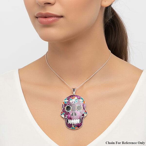 Peruvian Artistry Multi Gemstone 21.00 Ctw Purple Rainbow Day Of Dead Mexican Skull Pendant Without Chain In Sterling Silver