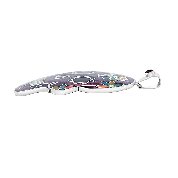Peruvian Artistry Multi Gemstone 21.00 Ctw Purple Rainbow Day Of Dead Mexican Skull Pendant Without Chain In Sterling Silver