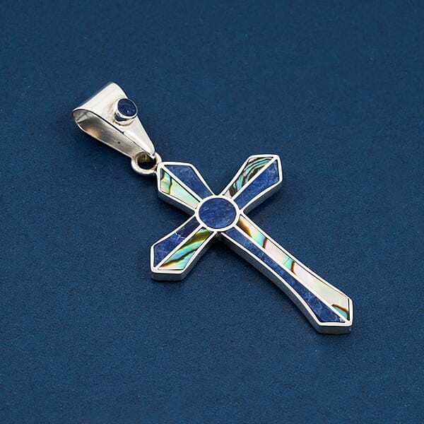 Peruvian Artistry Multi Gemstone 4.00 Ctw Abalone Shell And Blue Edu Round Cross Pendant In Sterling Silver