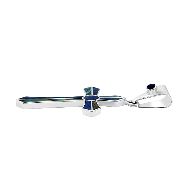 Peruvian Artistry Multi Gemstone 4.00 Ctw Abalone Shell And Blue Edu Round Cross Pendant In Sterling Silver