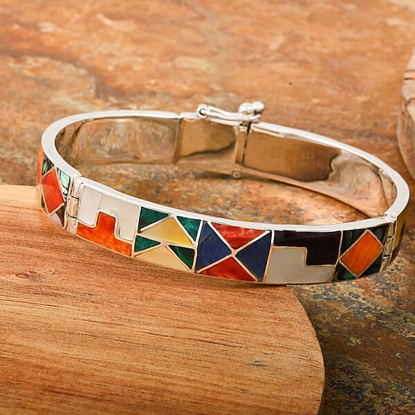 Peruvian Artistry Multi Gemstone 4.90 Ctw Universe 1 Line Bangle Bracelet In Sterling Si (7.00 In)