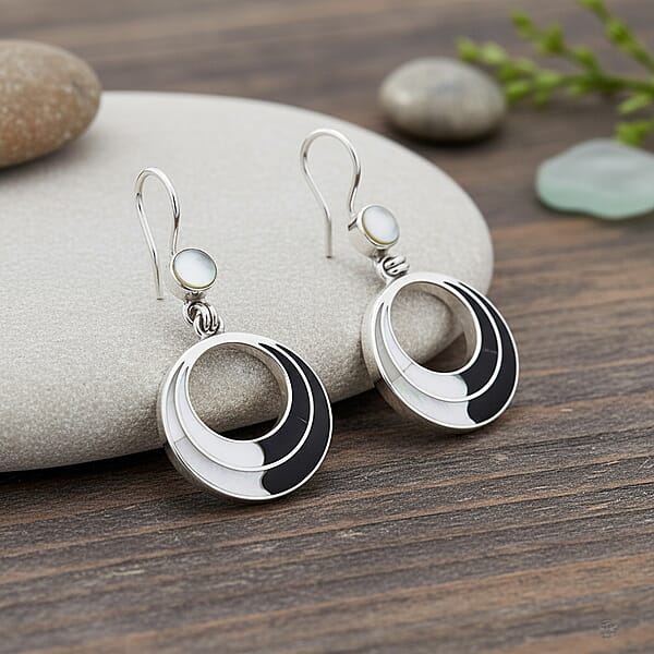 Peruvian Artistry Multi Gemstone 5.00 Ctw Black And White Delia Circle Earrings In Sterling Silver