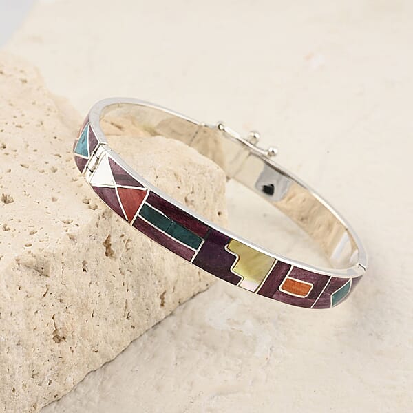 Peruvian Artistry Multi Gemstone 5.15 Ctw Mountain 1 Line Bangle Bracelet In Sterling Silver (7.00 In)