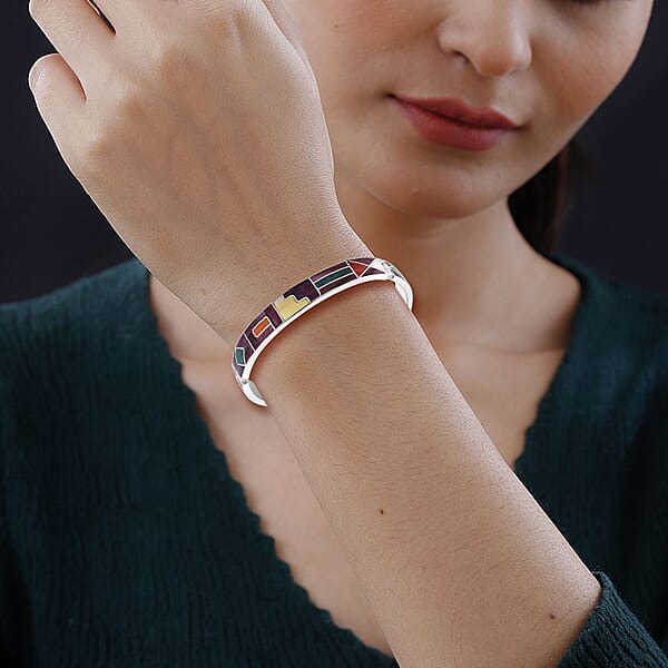 Peruvian Artistry Multi Gemstone 5.15 Ctw Mountain 1 Line Bangle Bracelet In Sterling Silver (7.00 In)