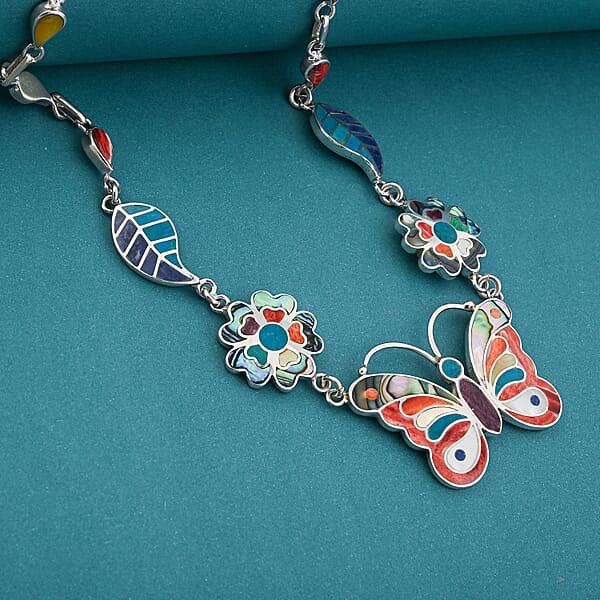 Peruvian Artistry Multi Gemstone 54.00 Ctw Rainbow Ema Butterfly Necklace In Sterling Silver 18 Inches